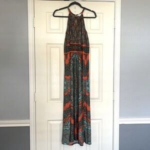 London Times Orange and Teal Halter Maxi Dress- 8